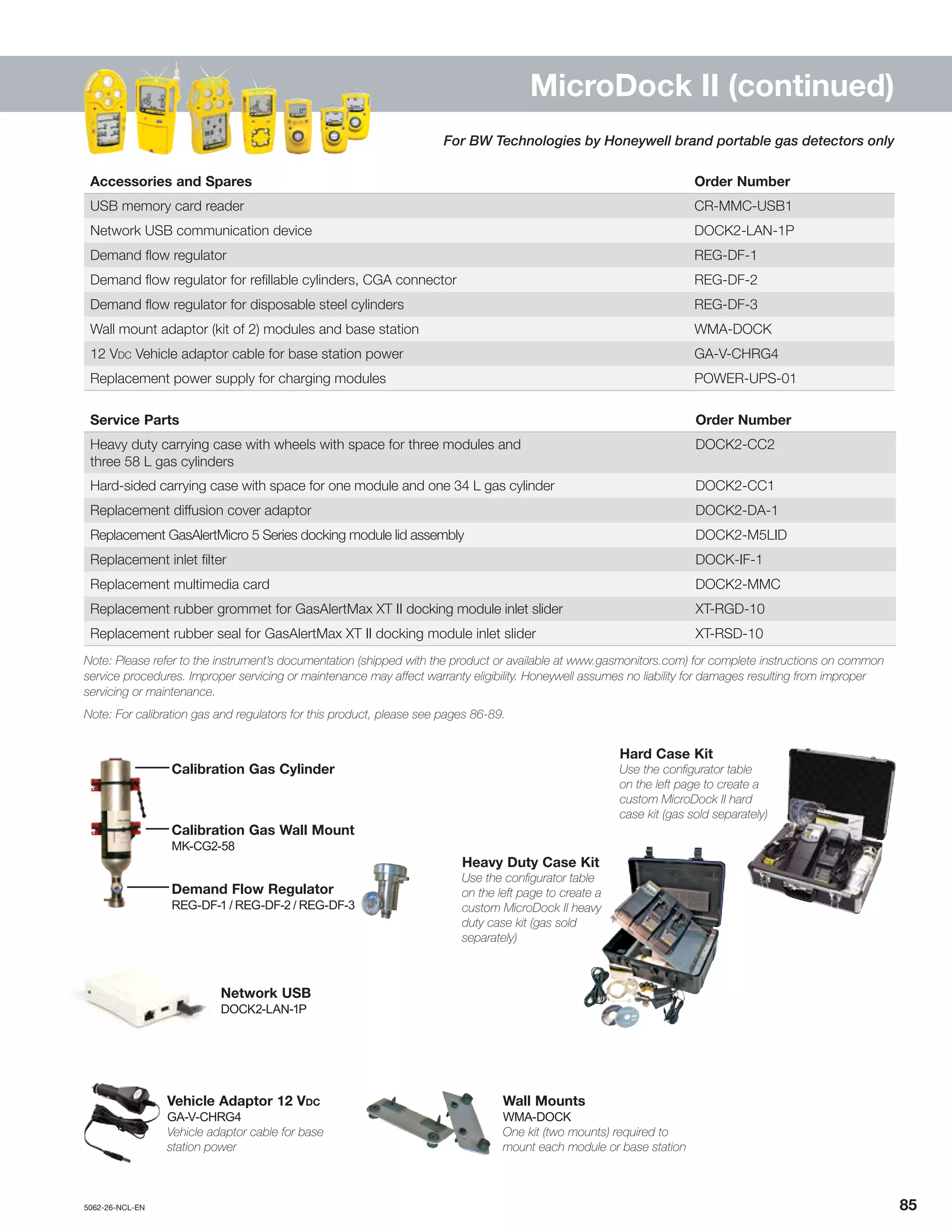 5062-26-NCL-EN	 	85
MicroDock II (continued)
Accessories and Spares Order Number
USB memory card reader CR-MMC-USB1
Network USB communication device DOCK2-LAN-1P
Demand flow regulator REG-DF-1
Demand flow regulator for refillable cylinders, CGA connector REG-DF-2
Demand flow regulator for disposable steel cylinders REG-DF-3
Wall mount adaptor (kit of 2) modules and base station WMA-DOCK
12 Vdc Vehicle adaptor cable for base station power GA-V-CHRG4
Replacement power supply for charging modules POWER-UPS-01
Service Parts Order Number
Heavy duty carrying case with wheels with space for three modules and
three 58 L gas cylinders
DOCK2-CC2
Hard-sided carrying case with space for one module and one 34 L gas cylinder DOCK2-CC1
Replacement diffusion cover adaptor DOCK2-DA-1
Replacement GasAlertMicro 5 Series docking module lid assembly DOCK2-M5LID
Replacement inlet filter DOCK-IF-1
Replacement multimedia card DOCK2-MMC
Replacement rubber grommet for GasAlertMax XT II docking module inlet slider XT-RGD-10
Replacement rubber seal for GasAlertMax XT II docking module inlet slider XT-RSD-10
Note: Please refer to the instrument’s documentation (shipped with the product or available at www.gasmonitors.com) for complete instructions on common
service procedures. Improper servicing or maintenance may affect warranty eligibility. Honeywell assumes no liability for damages resulting from improper
servicing or maintenance.
Note: For calibration gas and regulators for this product, please see pages 86-89.
For BW Technologies by Honeywell brand portable gas detectors only
Network USB
DOCK2-LAN-1P
Vehicle Adaptor 12 Vdc
GA-V-CHRG4
Vehicle adaptor cable for base
station power
Wall Mounts
WMA-DOCK
One kit (two mounts) required to
mount each module or base station
Demand Flow Regulator
REG-DF-1 / REG-DF-2 / REG-DF-3
Calibration Gas Cylinder
Calibration Gas Wall Mount
MK-CG2-58
Heavy Duty Case Kit
Use the configurator table
on the left page to create a
custom MicroDock II heavy
duty case kit (gas sold
separately)
Hard Case Kit
Use the configurator table
on the left page to create a
custom MicroDock II hard
case kit (gas sold separately)
 