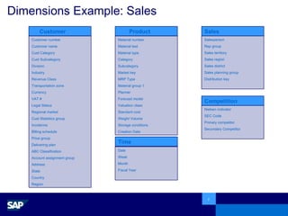 Dimensions Example: Sales Customer Customer number Customer name Cust Category Cust Subcategory Division Industry Revenue Class Transportation zone Currency VAT # Legal Status Regional market Cust Statistics group Incoterms Billing schedule Price group Delivering plan ABC Classification Account assignment group Address State Country Region Product Material number Material text Material type Category Subcategory Market key MRP Type Material group 1 Planner Forecast model Valuation class Standard cost Weight Volume Storage conditions Creation Date Sales Salesperson Rep group Sales territory Sales region Sales district Sales planning group Distribution key Competition Nielsen indicator SEC Code Primary competitor Secondary Competitor Time Date Week Month Fiscal Year 
