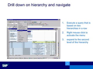 Drill down on hierarchy and navigate Execute a query that is based on two hierarchies in a row  Right mouse click to activate the menu expand to the second level of the hierarchy 