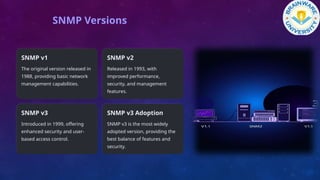 SNMP Versions
SNMP v1
The original version released in
1988, providing basic network
management capabilities.
SNMP v2
Released in 1993, with
improved performance,
security, and management
features.
SNMP v3
Introduced in 1999, offering
enhanced security and user-
based access control.
SNMP v3 Adoption
SNMP v3 is the most widely
adopted version, providing the
best balance of features and
security.
 