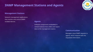 SNMP Management Stations and Agents
Management Stations
Network management applications
that monitor and control SNMP-
enabled devices. Agents
Software components embedded in
network devices that collect and report
data to the management station.
Communication
Managers issue SNMP requests to
agents, which respond with the
requested information.
 