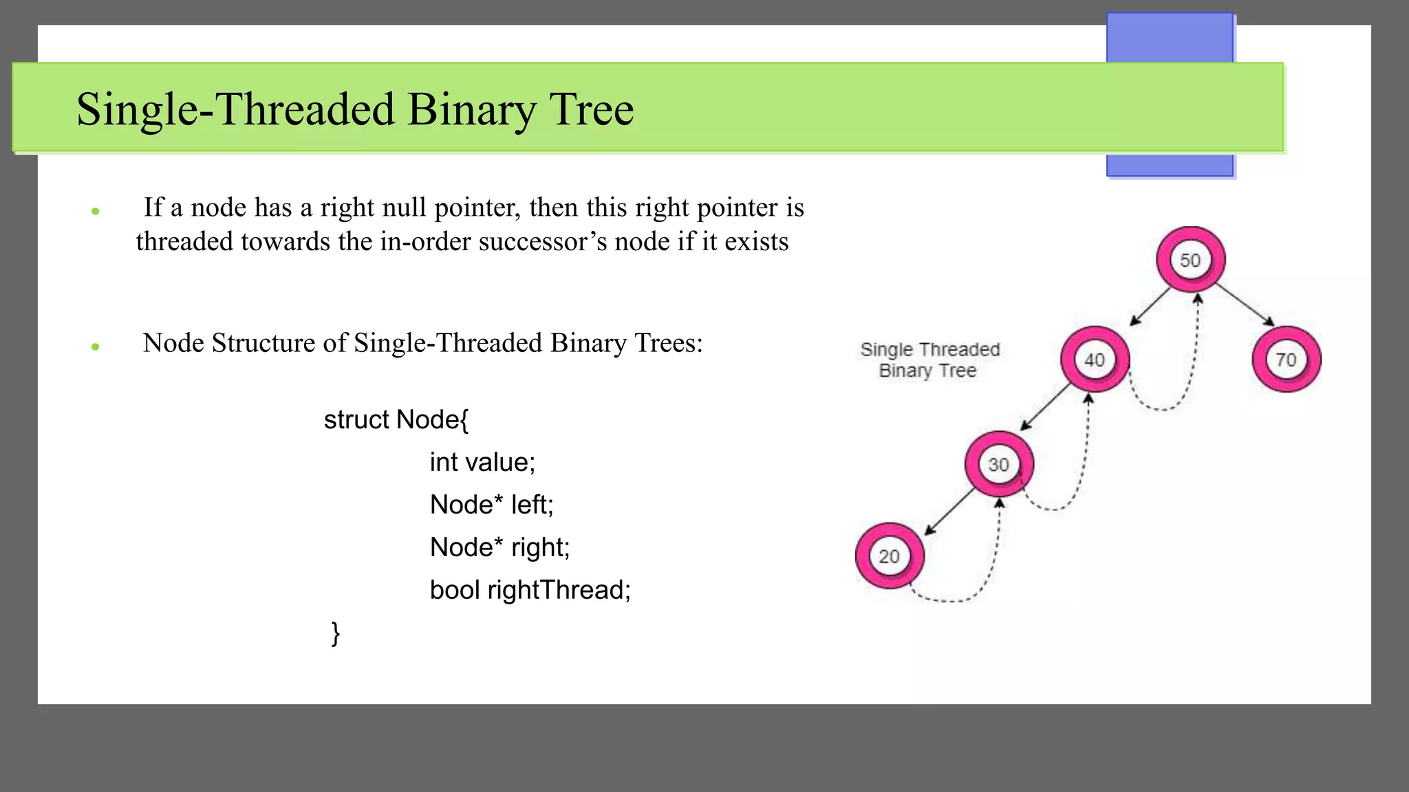 Single-Threaded Binary Tree
 If a node has a right null pointer, then this right pointer is
threaded towards the in-order successor’s node if it exists
 Node Structure of Single-Threaded Binary Trees:
struct Node{
int value;
Node* left;
Node* right;
bool rightThread;
}
 