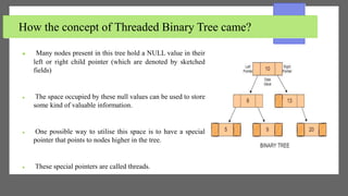 How the concept of Threaded Binary Tree came?
 Many nodes present in this tree hold a NULL value in their
left or right child pointer (which are denoted by sketched
fields)
 The space occupied by these null values can be used to store
some kind of valuable information.
 One possible way to utilise this space is to have a special
pointer that points to nodes higher in the tree.
 These special pointers are called threads.
 