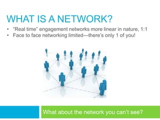 WHAT IS A NETWORK?
• ―Real time‖ engagement networks more linear in nature, 1:1
• Face to face networking limited—there‘s only 1 of you!




               What about the network you can‘t see?
 