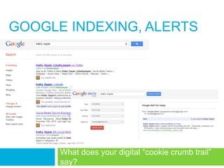 GOOGLE INDEXING, ALERTS




      What does your digital ―cookie crumb trail‖
      say?
 