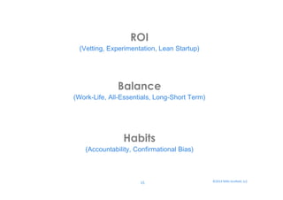 ROI 
(Vetting, Experimentation, Lean Startup) 
Balance 
(Work-Life, All-Essentials, Long-Short Term) 
Habits 
(Accountability, Confirmational Bias) 
©2014 
15 
Mills-­‐Scofield, 
LLC 
 