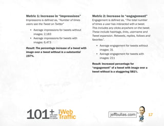 101+TIPS AND
TACTICS
TO GROW
Web
Traffic
YOUR
17
Metric 1: Increase in “impressions”
Impressions is defined as, “Number of times
users see the Tweet on Twitter”
•	 Average impressions for tweets without
images: 2,183
•	 Average impressions for tweets with
images: 6,473
Result: The percentage increase of a tweet with
image over a tweet without is a substantial
197%.
Metric 2: Increase in “engagement”
Engagement is defined as, “The total number
of times a user has interacted with a tweet.
This includes any clicks anywhere on the tweet.
These include hashtags, links, username and
Tweet expansion. Retweets, replies, follows and
favorites”.
•	 Average engagement for tweets without
images: 31
•	 Average engagement for tweets with
images: 211
Result: Increased percentage for
“engagement” of a tweet with image over a
tweet without is a staggering 581%.
 
