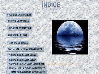 1 )QUE ES LAS MAREAS
2).TIPOS DE MAREAS
4).QUE ES LA LUNA
5).TIPOS DE LUNAS
3.)CAUSA DE MAREAS
6).CUAL ES LA LUNA MENGUANT...