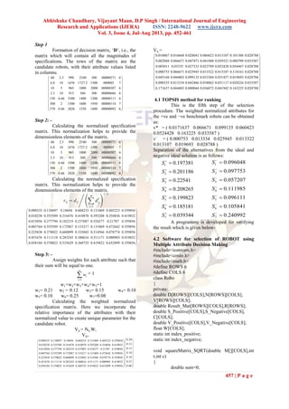 Abhishake Chaudhary, Vijayant Maan, D.P Singh / International Journal of Engineering
Research and Applications (IJERA) ISSN: 2248-9622 www.ijera.com
Vol. 3, Issue 4, Jul-Aug 2013, pp. 452-461
457 | P a g e
Step 1
Formation of decision matrix, „D‟, i.e., the
matrix which will contain all the magnitudes of
specifications. The rows of the matrix are the
candidate robots, with their attribute values listed
in columns.
60 2.5 990 2540 500 .00000571 6
6.8 10 1676 1727.2 1500 .000005 7
10 5 965 1000 2000 .00000307 6
2.5 10 915 560 500 .00000666 6
150 6.66 3500 1400 1200 .00000111 6
300 2 1500 1600 1950 .00000114 7
570 6.66 2826 1550 1600 .00000092 6
 
 
 
 






 






Step 2: -
Calculating the normalized specification
matrix. This normalization helps to provide the
dimensionless elements of the matrix.
60 2.5 990 2540 500 .00000571 6
6.8 10 1676 1727.2 1500 .000005 7
10 5 965 1000 2000 .00000307 6
2.5 10 915 560 500 .00000666 6
150 6.66 3500 1400 1200 .00000111 6
300 2 1500 1600 1950 .00000114 7
570 6.66 2826 1550 1600 .00000092 6
 
 
 
 






 






Calculating the normalized specification
matrix. This normalization helps to provide the
dimensionless elements of the matrix.
0.090335 0.138897 0.18694 0.604233 0.131069 0.405223 0.359856
0.010238 0.555589 0.316476 0.410878 0.393208 0.354836 0.419832
0.015056 0.277794 0.182219 0.237887 0.524277 0.21787 0.359856
0.003764 0.555589 0.172967 0.133217 0.131069 0.472642 0.359856
0.225838 0.370022 0.660899 0.333042 0.314566 0.078774 0.359856
0.451676 0.111118 0.283243 0.380616 0.511171 0.080903 0.419832
0.858184 0.370022 0.533629 0.368725 0.419422 0.652899 0.359856



















 

Step 3: -
Assign weights for each attribute such that
their sum will be equal to one.
1
n
i
i
w

 = 1
w1+w2+w3+w4+w5=1
w1= 0.21 w2 = 0.12 w3= 0.15 w4= 0.10
w5= 0.10 w6= 0.25 w7=0.08
Calculating the weighted normalized
specification matrix. Here we incorporate the
relative importance of the attributes with their
normalized value to create unique parameter for the
candidate robot.
Vij = Nij Wi
Vij=
0.090335 0.138897 0.18694 0.604233 0.131069 0.405223 0.359856
0.010238 0.555589 0.316476 0.410878 0.393208 0.354836 0.419832
0.015056 0.277794 0.182219 0.237887 0.524277 0.21787 0.359856
0.003764 0.555589 0.172967 0.133217 0.131069 0.472642 0.359856
0.225838 0.370022 0.660899 0.333042 0.314566 0.078774 0.359856
0.451676 0.111118 0.283243 0.380616 0.511171 0.080903 0.419832
0.858184 0.370022 0.533629 0.368725 0.419422 0.652899 0.359856



















 

0.20
0.12
0.15
0.10
0.10
0.25
0.08
 
 
 
 
 
 
 
 
 
 
 
Vij =
0.018067 0.016668 0.028041 0.060423 0.013107 0.101306 0.028788
0.002048 0.066671 0.047471 0.041088 0.039321 0.088709 0.033587
0.003011 0.03335 0.027333 0.023789 0.052428 0.054467 0.028788
0.000753 0.066671 0.025945 0.013322 0.013107 0.118161 0.028788
0.045168 0.044403 0.099135 0.033304 0.031457 0.019693 0.028788
0.090335 0.013334 0.042486 0.038062 0.051117 0.020226 0.033587
0.171637 0.044403 0.080044 0.036872 0.041942 0.163225 0.028788

















 
 

4.1 TOPSIS method for ranking
This is the fifth step of the selection
procedure. The weighted normalized attributes for
the +ve and −ve benchmark robots can be obtained
as:
v* = ( 0.0171637 0.066671 0.099135 0.060423
0.0524428 0.163225 0.033587 )
v-
= ( 0.000753 0.013334 0.025945 0.013322
0.013107 0.019693 0.028788 )
Separation of the alternatives from the ideal and
negative ideal solution is as follows:
1
2
3
4
5
6
7
0.197381
0.201186
0.22541
0.208265
0.199823
0.185181
0.039344
S
S
S
S
S
S
S














1
2
3
4
5
6
7
0.096048
0.097753
0.057207
0.111985
0.096111
0.105841
0.240992
S
S
S
S
S
S
S














A programme is developed for verifying
the result which is given below-
4.2 Software for selection of ROBOT using
Multiple Attribute Decision Making
#include<iostream.h>
#include<conio.h>
#include<math.h>
#define ROWS 6
#define COLS 6
class Robo
{
private:
double D[ROWS][COLS],N[ROWS][COLS],
V[ROWS][COLS];
double Result_Mat[ROWS][COLS],R[ROWS];
double S_Positive[COLS],S_Negative[COLS],
C[COLS];
double V_Positive[COLS],V_Negative[COLS];
float W[COLS];
static int index_positive;
static int index_negative;
void squareMatrix_SQRT(double M[][COLS],int
r,int c)
{
double sum=0;
 