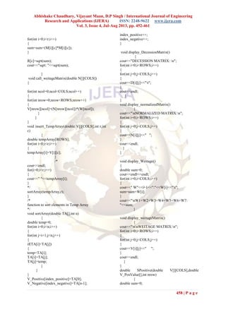 Abhishake Chaudhary, Vijayant Maan, D.P Singh / International Journal of Engineering
Research and Applications (IJERA) ISSN: 2248-9622 www.ijera.com
Vol. 3, Issue 4, Jul-Aug 2013, pp. 452-461
458 | P a g e
for(int i=0;i<r;i++)
{
sum=sum+(M[i][c]*M[i][c]);
}
R[c]=sqrt(sum);
cout<<"sqrt: "<<sqrt(sum);
}
void call_weitageMatrix(double N[][COLS])
{
for(int ncol=0;ncol<COLS;ncol++)
{
for(int nrow=0;nrow<ROWS;nrow++)
{
V[nrow][ncol]=(N[nrow][ncol])*(W[ncol]);
}
}
}
void insert_TempArray(double V[][COLS],int r,int
c)
{
double tempArray[ROWS];
for(int i=0;i<r;i++)
{
tempArray[i]=V[i][c];
}
/*
cout<<endl;
for(i=0;i<r;i++)
{
cout<<" "<<tempArray[i];
}
*/
sortArray(tempArray,r);
}
/*
function to sort elements in Temp Array
*/
void sortArray(double TA[],int n)
{
double temp=0;
for(int i=0;i<n;i++)
{
for(int j=i+1;j<n;j++)
{
if(TA[i]<TA[j])
{
temp=TA[i];
TA[i]=TA[j];
TA[j]=temp;
}
}
}
V_Positive[index_positive]=TA[0];
V_Negative[index_negative]=TA[n-1];
index_positive++;
index_negative++;
}
void display_DecessionMatrix()
{
cout<<"DECESSION MATRIX: n";
for(int i=0;i<ROWS;i++)
{
for(int j=0;j<COLS;j++)
{
cout<<D[i][j]<<"t";
}
cout<<endl;
}
}
void display_normalizedMatrix()
{
cout<<"nNORMALIZED MATRIX:n";
for(int i=0;i<ROWS;i++)
{
for(int j=0;j<COLS;j++)
{
cout<<N[i][j]<<" ";
}
cout<<endl;
}
}
void display_Weitage()
{
double sum=0;
cout<<endl<<endl;
for(int i=0;i<COLS;i++)
{
cout<<" W"<<i+1<<":"<<W[i]<<"t";
sum=sum+W[i];
}
cout<<"nW1+W2+W3+W4+W5+W6+W7:
"<<sum;
}
void display_weitageMatrix()
{
cout<<"nnWEITAGE MATRIX:n";
for(int i=0;i<ROWS;i++)
{
for(int j=0;j<COLS;j++)
{
cout<<V[i][j]<<" ";
}
cout<<endl;
}
}
double SPositive(double V[][COLS],double
V_PosValue[],int nrow)
{
double sum=0;
 
