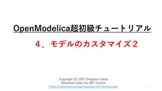 OpenModelica超初級チュートリアル
４．モデルのカスタマイズ２
1
Copyright (C) 2017 Shigenori Ueda
Released under the MIT license
https://opensource.org/licenses/mit-license.php
 