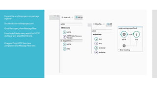 Expandthe«myfirstproject»onpackage
explorer
Doubleclickonmyfirstproject.xml
Oncefileisopen,showMessageFlow
FromMulePaletteview,searchfor‘HTTP’
and‘Java’and selectthefirstone.
DragandDropHTTPthenJava
component intoMessageFlowview.
 