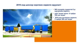 2019 онд шинээр хэрэгжих хөрөнгө оруулалт
• 960 хүүхдийн суудалтай 2-р
сургуулийн барилга
• нийт төсөвт өртөг: 8 тэрбум
700 сая төгрөг
• 2019 онд тусгагдсан хөрөнгө:
3 тэрбум 300 сая төгрөг
 