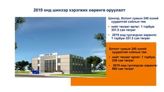 2019 онд шинээр хэрэгжих хөрөнгө оруулалт
Цэнхэр, Хотонт сумын 240 хүний
суудалтай соёлын төв
• нийт төсөвт өртөг: 1 тэрбум
351.5 сая төгрөг
• 2019 онд тусгагдсан хөрөнгө:
1 тэрбум 351.5 сая төгрөг
Хотонт сумын 240 хүний
суудалтай соёлын төв
• нийт төсөвт өртөг: 1 тэрбум
230 сая төгрөг
• 2019 онд тусгагдсан хөрөнгө:
800 сая төгрөг
 