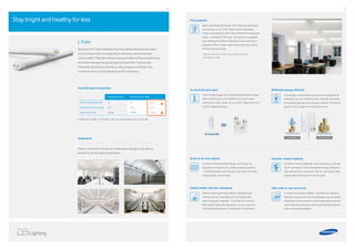 38 39
Application
Ofﬁces, Classrooms, Parking lots, Warehouses, Signage, Cove lighting
(suitable for general lighting application)
L-Tube
Samsung LED Tubes instantly bring long-lasting eﬃciency and value
to any environment, including oﬃces, factories, warehouses and
supermarkets. They last 4 times as long as traditional ﬂuorescent lamps
and deliver average energy savings of at least 35%. They are also
extremely safe and eco-friendly, as they are glare- and ﬂicker-free,
contain no mercury and generate low CO2 emissions.
Stay bright and healthy for less
Cost Savings Comparison
Fluorescent Lamps Samsung LED TUBE
Power Consumption (W) 40 24 16 W
Annual Electricity Cost (€) 20.4 12.3 €
Useful Life (hours) 10,000 40,000 4 Times
Electricity Charge : 0.14€/1kWh, with an average usage of 10 hrs per day
▼
▲
Quick to ﬁt and replace
Clearly better and less damaging
A choice of three simple ﬁttings, so it’s easy to
upgrade and replace any existing lighting systems
– instantly! Simply pick the type you need and start
saving energy and money!
Deliver a pure light that’s ﬂicker- and glare-free
without harmful Ultraviolet (UV) or Infrared (IR)
electromagnetic radiation. This clear and uniform,
high quality light puts less strain on your eyes and
minimizes discoloration or fading of merchandise.
Greener, cleaner lighting
Ultra safe to use and touch
Contain no toxic materials, such as mercury, and are
RoHS compliant. Their exceptional energy-efﬁciency
also reduces CO2 emissions. So you can enjoy clean,
natural light that doesn’t cost the earth.
A robust and reliable design, containing no glass or
ﬁlament, reduces the risk of breakages and accidents.
Proprietary heat protection technology also produces
lower thermal emissions, which dramatically reduces
their surface temperature.
Easy
to replace
ECO
SAFE
4x more life and value
Last 4 times longer than traditional ﬂuorescent tubes.
With a lifetime of up to 40,000 hours they’ll keep
working for many years, so you won’t waste time and
money replacing lamps.
Fast payback
Samsung Performer Range LED Tubes are extremely
economical to use. Their total cost of ownership
(TCO) is signiﬁcantly lower than traditional ﬂuorescent
tubes – a massive 70% less*. So when you upgrade
your existing ﬂuorescent lighting you can achieve a
payback within 2 years, after which point you will be
actively saving money.
* Based on operating 12 hours a day, using the Performer
CCG 1200mm model.
Fast
payback
S
Brilliantly energy efﬁcient
Low energy consumption can save an average of at
least 35% on your electricity bill, while still providing
the same brightness as ﬂuorescent lamps. So they’re
good for your wallet and the environment.
Save
 