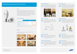 16 17
Application
Residential areas, Hotels, Restaurants, Historical buildings, Chandeliers
(suitable for decorative lighting)
Deco
With a slender, ﬂame-shaped design Samsung LED Decorative Lamps
instantly bring long-lasting eﬃciency and elegance to any environment.
They last 25 times longer than traditional incandescent lamps, are easy
to maintain and deliver energy savings of up to 80%, for a rapid Return on
Investment (ROI). They are also extremely safe and eco-friendly, as they
contain no mercury and generate low CO2 emissions.
Effortlessly uniting style and performance
Cost Savings Comparison
Lustre lamp Samsung LED Lustre
Power Consumption (W) 25 4.3 20.7 W
Annual Electricity Cost (€) 12.8 2.2 €
Efﬁcacy (lm/W) 12 58 46 lm/W
Useful Life (hours) 1,000 25,000 25 Times
Electricity Charge : 0.14€/1kWh, with an average usage of 10 hrs per day
▼
▲
Flexible dimmable lighting
25x more life and value
Quick to ﬁt and replace
Clearly better and less damaging
Bulbs can be dimmed and ﬁnely tuned to create the
ideal lighting for any area. Simply adjust the intensity
of the light to create an ambient atmosphere – and
also save money with minimal energy consumption.
Last 25 times longer than traditional incandescent
lamps. With a lifetime of up to 25,000 hours they’ll
keep working for many years, so you won’t waste time
and budget replacing bulbs.
Standard size (ANSI regulation) ﬁttings make it easy
to replace conventional bulbs – instantly! So it’s
extremely simple to upgrade your lighting systems,
and get a payback in about a year.
Bulbs are ﬂicker-free and don’t emit harmful Ultraviolet
(UV) or Infrared (IR) electromagnetic radiation. So they
produce a high quality light that puts less strain on
your eyes and minimizes discoloration or fading of
merchandise.
Elegant and decorative
Brilliantly energy efﬁcient
Greener, cleaner lighting
Ultra safe to use and touch
Effortlessly blending form and function, their classical,
ﬂame-shaped design, in clear or frosted ﬁnishes, offers
a unique and sophisticated method of illumination, but
is also fully functional for general-purpose lighting.
Low energy consumption can reduce your electricity
bill by up to 80%, while still providing the same level
of brightness as incandescent lamps. So they save
money and deliver a payback within 1 to 2 years.
Contain no toxic materials, such as mercury, and are
RoHS compliant. Their exceptional energy-efﬁciency
also reduces CO2 emissions. So you can enjoy clean,
natural light that doesn’t cost the earth.
A robust and reliable design, containing no glass or
ﬁlament, reduces the risk of breakages and accidents.
Proprietary heat protection technology also produces
lower thermal emissions, which dramatically reduces
their surface temperature.
Easy
to replace
Save
ECO
SAFE
 