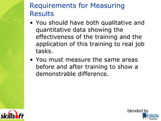 Requirements for Measuring Results You should have both qualitative and quantitative data showing the effectiveness of the training and the application of this training to real job tasks. You must measure the same areas before and after training to show a demonstrable difference. 