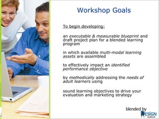 Workshop Goals To begin developing: an  executable & measurable blueprint  and draft project plan for a blended learning program  in which available  multi-modal learning assets  are assembled  to effectively impact an  identified performance objective by  methodically  addressing the  needs of adult learners  using sound learning objectives to drive your evaluation and marketing strategy SkillSoft 