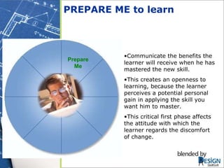PREPARE ME to learn   Communicate the benefits the learner will receive when he has mastered the new skill.  This creates an openness to learning, because the learner perceives a potential personal gain in applying the skill you want him to master. This critical first phase affects the attitude with which the learner regards the discomfort of change.  SkillSoft Prepare Me 