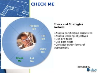 CHECK ME Ideas and Strategies include: Assess certification objectives Assess learning objectives Use pre-tests Use post-tests Consider other forms of assessment Tell Me Show Me Let Me Prepare Me Check Me 