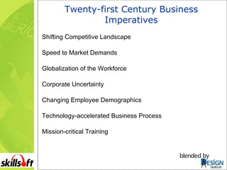 Twenty-first Century Business Imperatives Shifting Competitive Landscape Speed to Market Demands Globalization of the Workforce  Corporate Uncertainty Changing Employee Demographics Technology-accelerated Business Process Mission-critical Training SkillSoft 