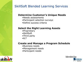 SkillSoft Blended Learning Services Determine Customer’s Unique Needs Needs assessments Participant selection surveys Define success criteria   Select the Right Learning Assets Proprietary SkillSoft Third party ILT Create and Manage a Program Schedule Business needs Management needs Participant needs 