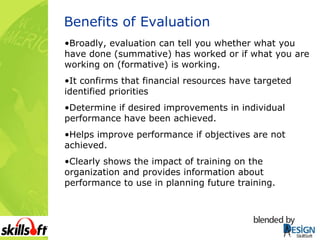 Benefits of Evaluation Broadly, evaluation can tell you whether what you have done (summative) has worked or if what you are working on (formative) is working. It confirms that financial resources have targeted identified priorities Determine if desired improvements in individual performance have been achieved. Helps improve performance if objectives are not achieved. Clearly shows the impact of training on the organization and provides information about performance to use in planning future training. 
