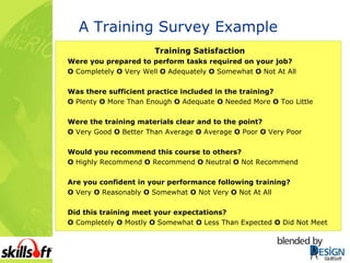 A Training Survey Example Training Satisfaction Were you prepared to perform tasks required on your job? O  Completely  O  Very Well  O  Adequately  O  Somewhat  O  Not At All Was there sufficient practice included in the training? O  Plenty  O  More Than Enough  O  Adequate  O  Needed More  O  Too Little Were the training materials clear and to the point? O  Very Good  O  Better Than Average  O  Average  O  Poor  O  Very Poor Would you recommend this course to others? O  Highly Recommend  O  Recommend  O  Neutral  O  Not Recommend Are you confident in your performance following training? O  Very  O  Reasonably  O  Somewhat  O  Not Very  O  Not At All Did this training meet your expectations? O  Completely  O  Mostly  O  Somewhat  O  Less Than Expected  O  Did Not Meet 