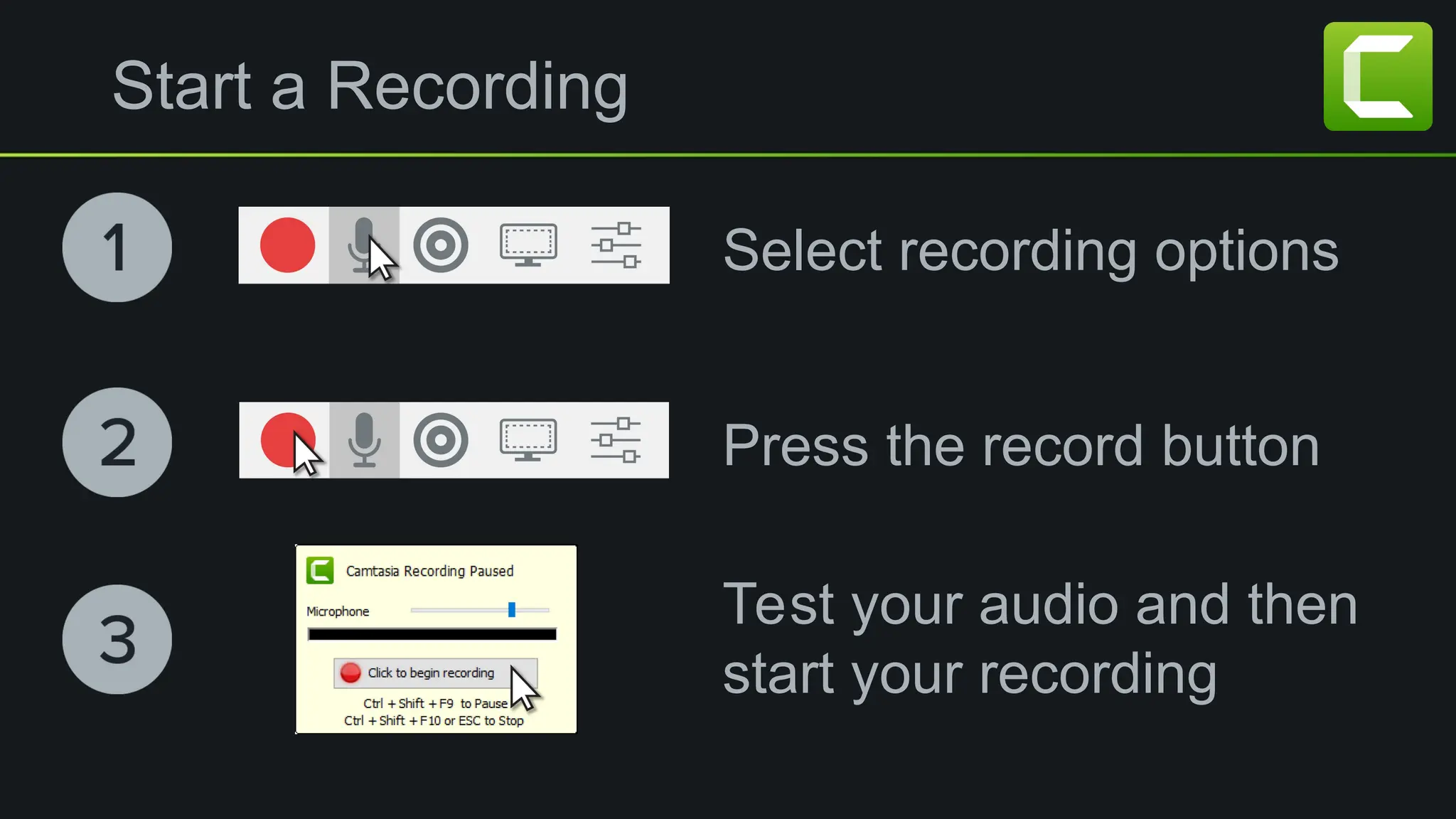 Start a Recording
Select recording options
Press the record button
Test your audio and then
start your recording
 