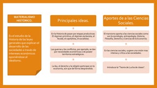 MATERIALISMO
HISTÓRICO.
Es el estudio de la
Historia de las leyes
generales que explican el
desarrollo de las
sociedades a través de
intereses económicos
oponiéndose al
idealismo.
Principales ideas.
En la Historia de pasan por etapas productivas:
El régimen primitivo, el régimen esclavista, el
feudal, el capitalista, el socialista).
Las guerras y los conflictos, por ejemplo, se dan
por necesidades económicas o de poseer
territorios estratégicos.
La ley, el derecho y la religión participan en la
economía, aún que de forma desprendida.
Aportes de a las Ciencias
Sociales.
El marxismo aporta a las ciencias sociales como
son la sociología, antropología, Historia,
Filosofía, Derecho y Ciencias de la Economía.
En las ciencias sociales, sugiere una visión mas
intensa y crítica a las sociedades.
Introduce la "Teoría de Lucha de clases".
 
