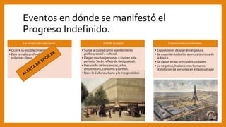 Eventos en dónde se manifestó el
Progreso Indefinido.
La revolución industrial.
• Ocurre su establecimiento.
• Este tema lo profundizaremos en las
próximas clases.
La Belle Epoque
• Surge la cuidad como asentamiento
político, social y cultural.
• Llegan muchas personas a vivir en este
periodo. Serán reflejo de desigualdad.
• Desarrollo de las ciencias, artes,
arquitectura, consumo y confort.
• Nace la Cultura urbana y la marginalidad.
Exposiciones universales.
• Exposiciones de gran envergadura.
• Se exponían todos los avances técnicos de
la época.
• Se daban en las principales ciudades.
• Lo negativo, hacían circos humanos
(Exhibición de personas en estado salvaje)
 