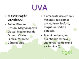 UVA
• CLASSIFICAÇÃO
CIENTÍFICA:
• Reino: Plantae
Divisão: Magnoliophyta
Classe: Magnoliopsida
Ordem: Vitales
Família: Vitaceae
Gênero: Vitis
• É uma fruta rica em sais
minerais, tais como:
cálcio, ferro, fósforo,
magnésio, sódio e
potássio.
• Possui também, em
quantidade razoável,
vitaminas (complexo B
e vitamina C).
 
