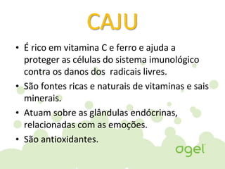 É rico em vitamina C e ferro e ajuda a proteger
as células do sistema imunológico contra os
danos dos radicais livres.
CAJU
• É rico em vitamina C e ferro e ajuda a
proteger as células do sistema imunológico
contra os danos dos radicais livres.
• São fontes ricas e naturais de vitaminas e sais
minerais.
• Atuam sobre as glândulas endócrinas,
relacionadas com as emoções.
• São antioxidantes.
 