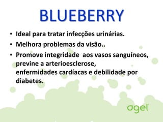 BLUEBERRY
• Ideal para tratar infecções urinárias.
• Melhora problemas da visão..
• Promove integridade aos vasos sanguíneos,
previne a arterioesclerose,
enfermidades cardíacas e debilidade por
diabetes.
 