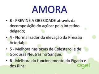 AMORA
• 3 - PREVINE A OBESIDADE através da
decomposição do açúcar pelo intestino
delgado;
• 4 - Normalizador da elevação da Pressão
Arterial;
• 5 - Melhora nas taxas de Colesterol e de
Gorduras Neutras no Sangue;
• 6 - Melhora do funcionamento do Fígado e
dos Rins;
 
