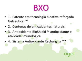 BXO
• 1. Patente em tecnologia bioativa reforçada
Gelceutical ™
• 2. Centenas de antioxidantes naturais
• 3. Antioxidante BioShield ™ antioxidante e
atividade imunológica
• 4. Sistema Antioxidante Recharging ™*
 