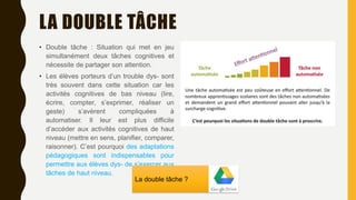 LA DOUBLE TÂCHE
• Double tâche : Situation qui met en jeu
simultanément deux tâches cognitives et
nécessite de partager son attention.
• Les élèves porteurs d’un trouble dys- sont
très souvent dans cette situation car les
activités cognitives de bas niveau (lire,
écrire, compter, s’exprimer, réaliser un
geste) s’avèrent compliquées à
automatiser. Il leur est plus difficile
d’accéder aux activités cognitives de haut
niveau (mettre en sens, planifier, comparer,
raisonner). C’est pourquoi des adaptations
pédagogiques sont indispensables pour
permettre aux élèves dys- de s’exercer aux
tâches de haut niveau.
La double tâche ?
 