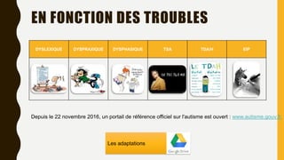 EN FONCTION DES TROUBLES
DYSLEXIQUE DYSPRAXIQUE DYSPHASIQUE TSA TDA/H EIP
Les adaptations
Depuis le 22 novembre 2016, un portail de référence officiel sur l'autisme est ouvert : www.autisme.gouv.fr.
 