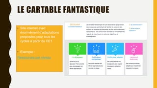 LE CARTABLE FANTASTIQUE
• Site internet avec
énormément d’adaptations
proposées pour tous les
cycles à partir du CE1
• Exemple :
Ressources par niveau
 