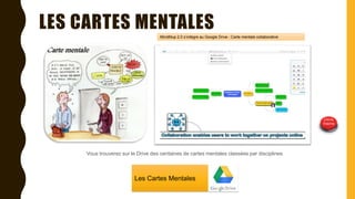 LES CARTES MENTALES
Vous trouverez sur le Drive des centaines de cartes mentales classées par disciplines
Les Cartes Mentales
MindMup 2.0 s’intègre au Google Drive : Carte mentale collaborative
 