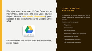 G O O G L E D R I V E :
A S H C H R I SDès que vous apercevez l’icône Drive sur le
PowerPoint, cela veut dire que vous pouvez
cliquer dessus (en mode diaporama) pour
accéder à des documents sur le Google Drive
ASH.
Les documents sont visibles mais non modifiables,
pas de risque ;-)
En préambule, je souhaite indiquer que tout le
contenu présenté est disponible sur un espace
commun.
Vous trouverez les rubriques :
- Adaptations
- Cartes mentales
- PPS/PAI/PAP/PPRE
- Ressources (2CA-SH) pour approfondir
- Présentation des troubles
- Les textes officiels en vigueur
- Des solutions avec ordinateurs
 