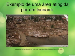 Exemplo de uma área atingida 
por um tsunami. 
Vista aérea de Banda Aceh, na Indonésia, totalmente destruída pelo tsunami de 2004. 
 