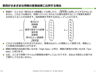 ULS Copyright © 2015 UL Systems, Inc. All rights reserved.
家賃がさまざまな情報の変換結果に比例する場合
 家賃が、たとえば「家の広さ×路線価」に比例したり、 築年数に比例したりするかもしれ
ません。このような場合も、特徴ベクトルにそのような値を採用することで家賃を推測す
る式を立てることが出来ます。結局家賃を予測する式は𝑦 = 𝜃 𝑇
𝑥となります。
𝑥 =
1
家の広さ
路線価
地価
最寄り駅までの距離
築年数
部屋数
家の広さ × 路線価
築年数
=
𝑥0
𝑥1
𝑥2
𝑥3
𝑥4
𝑥5
𝑥6
𝑥7
𝑥8
𝜃 =
𝜃0
𝜃1
𝜃2
𝜃3
𝜃4
𝜃5
𝜃6
𝜃7
𝜃8
 このような変換を入れれば入れるほど、家賃は込み入った関数として表現でき、関数とし
ての表現の自由度が上がります。
 関数の表現の自由度が低いものを「high bias」と呼び、関数の表現力が高いものを「low
bias」と呼びます。
 なお、どこまで特徴ベクトル𝑥の要素数を増やしてよいかですが、おおよそ数百とか数千ま
で増やしてもかまいません。
12
 