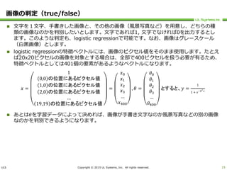 ULS Copyright © 2015 UL Systems, Inc. All rights reserved.
画像の判定（true/false）
 文字を１文字、手書きした画像と、その他の画像（風景写真など）を用意し、どちらの種
類の画像なのかを判別したいとします。文字であれば1, 文字でなければ0を出力するとし
ます。このような判定も、logistic regressionで可能です。なお、画像はグレースケール
（白黒画像）とします。
 logistic regressionの特徴ベクトルには、画像のピクセル値をそのまま使用します。たとえ
ば20x20ピクセルの画像を対象とする場合は、全部で400ピクセルを扱う必要が有るため、
特徴ベクトルとしては401個の要素があるようなベクトルになります。
 あとは𝜃を学習データによって決めれば、画像が手書き文字なのか風景写真などの別の画像
なのかを判別できるようになります。
19
𝑥 =
1
0,0 の位置にあるピクセル値
1,0 の位置にあるピクセル値
2,0 の位置にあるピクセル値
…
19,19 の位置にあるピクセル値
=
𝑥0
𝑥1
𝑥2
𝑥3
…
𝑥400
, 𝜃 =
𝜃0
𝜃1
𝜃2
𝜃3
…
𝜃400
とすると、𝑦 =
1
1 + 𝑒−𝜃 𝑇
𝑥
 