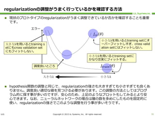 ULS Copyright © 2015 UL Systems, Inc. All rights reserved.
regularizationの調整がうまく行っているかを確認する方法
 現状のプロトタイプのregularizationがうまく調整できているか否かを確認することも重要
です。
 hypothesis関数の調整と同じで、regularizationの強さも大きすぎても小さすぎても良くあ
りません。調度良い適切な値を見つける必要があります。この調整の方法としてはプログ
ラム的に探す事が多いのですが、安心のため、上記のようなプロットもしてみるとより安
心できます。なお、ニューラルネットワークの場合は層の数を多めにしたものを固定的に
使い、regularizationの強さでこのような調整を行う事が多いそうです。
31
エラー
大きなλ 小さなλ
𝐽𝑡𝑟𝑎𝑖𝑛 𝜃
𝐽𝑐𝑣 𝜃
大きなλを用いるとtraining s
etにもcross validation set
にもフィットしない。
小さなλを用いるとtraining setに
かなり忠実にフィットする。
小さなλを用いるとtraining setにオ
ーバーフィットしすぎ、cross valid
ation setにはフィットしない。
調度良いところ
 