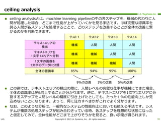ULS Copyright © 2015 UL Systems, Inc. All rights reserved.
ceiling analysis
 ceiling analysisとは、machine learning pipelineの中の各ステップを、機械の代わりに人
間が処理した場合、どこまで性能が上がっていくかを見る手法です。ほぼ完璧な認識率を
誇る人間が各ステップを処理することで、どのステップを改善することが全体の改善に繋
がるのかを判断できます。
 この例では、テキストエリアの検出の際に、人間レベルの完璧な仕事が機械にできた場合、
全体の認識率は9%向上することが分かります。逆に、テキストエリアを1文字1エリアに分
割するステップを人間レベルの精度に引き上げたとしても、たった１％の性能向上しか見
込めないことになります。よって、何に注力すべきかがこれでよく分かります。
 なお、このような分析は、一般的なシステムの性能向上においても使える手法です。シス
テムが複数の処理ステップが組み合わさっている時、各ステップを理想的な状態になった
と仮定してみて、全体性能がどこまで上がりそうかを見ると、良い示唆が得られます。
38
テスト１ テスト２ テスト３ テスト４
テキストエリアの
検出
機械 人間 人間 人間
テキストエリアを
１文字１エリアへ分割
機械 機械 人間 人間
１文字の画像を
１文字のデータに分類
機械 機械 機械 人間
全体の認識率 85% 94% 95% 100%
9%の改善 1%の改善 5%の改善
 