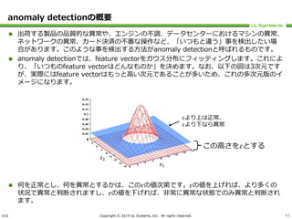 ULS Copyright © 2015 UL Systems, Inc. All rights reserved.
anomaly detectionの概要
 出荷する製品の品質的な異常や、エンジンの不調、データセンターにおけるマシンの異常、
ネットワークの異常、カード決済の不審な操作など、「いつもと違う」事を検出したい場
合があります。このような事を検出する方法がanomaly detectionと呼ばれるものです。
 anomaly detectionでは、feature vectorをガウス分布にフィッティングします。これによ
り、「いつものfeature vectorはどんなものか」を決めます。なお、以下の図は3次元です
が、実際にはfeature vectorはもっと高い次元であることが多いため、これの多次元版のイ
メージになります。
 何を正常とし、何を異常とするかは、この𝜀の値次第です。𝜀の値を上げれば、より多くの
状況で異常と判断されますし、𝜀の値を下げれば、非常に異常な状態でのみ異常と判断され
ます。
43
𝑥1
𝑥2
𝜀より上は正常、
𝜀より下なら異常
この高さを𝜀とする
 