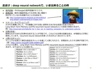 ULS Copyright © 2015 UL Systems, Inc. All rights reserved.
おまけ：deep neural networkで、いま出来ることの例
 音声認識：今のGoogleの音声認識がそうです。
 画像認識：既存の機械学習よりも非常に高い精度で
何が写っているかを認識することが出来ます。
 イメージ・キャプショニング：
示された画像に対して、その画像に対する短い説明をさまざまな言語で生成できます。
Long Short Term Memory (LSTM) recurrent neural networkという技術で実現できます。
例）http://www.ted.com/talks/fei_fei_li_how_we_re_teaching_computers_to_understand_pictures
 文章の作成：
簡単なものであれば文章を生成することが可能です。このような文章の自動生成は、AP通信などが既に
使用しています。recurrent neural networkを使ったものがよく知られています。
 人間とのチャット：
マニュアルを覚えて適切な助言をチャットを通じて人間に与えたり、世間話をしたりする事が可能です。
（例：http://arxiv.org/pdf/1506.05869.pdf）
このような事も、Long Short Term Memory (LSTM) recurrent neural networkという技術で実現で
きます。以下はチャットの例です。
45
http://googleresearch.blogspot.jp/2014/09/buil
ding-deeper-understanding-of-images.html
例）
 