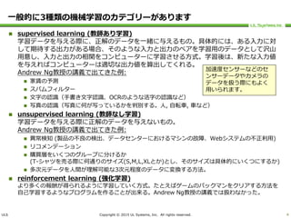 ULS Copyright © 2015 UL Systems, Inc. All rights reserved.
一般的に3種類の機械学習のカテゴリーがあります
 supervised learning (教師あり学習)
学習データを与える際に、正解のデータを一緒に与えるもの。具体的には、ある入力に対
して期待する出力がある場合、そのような入力と出力のペアを学習用のデータとして沢山
用意し、入力と出力の相関をコンピューターに学習させる方式。学習後は、新たな入力値
を与えればコンピューターは適切な出力値を算出してくれる。
Andrew Ng教授の講義で出てきた例:
 家賃の予測
 スパムフィルター
 文字の認識（手書き文字認識、OCRのような活字の認識など）
 写真の認識（写真に何が写っているかを判別する。人, 自転車, 車など）
 unsupervised learning (教師なし学習)
学習データを与える際に正解のデータを与えないもの。
Andrew Ng教授の講義で出てきた例:
 異常検知 (製品の不良の検出、データセンターにおけるマシンの故障、Webシステムの不正利用)
 リコメンデーション
 購買層をいくつのグループに分けるか
(T-シャツを売る際に何通りのサイズ(S,M,L,XLとか)とし、そのサイズは具体的にいくつにするか)
 多次元データを人間が理解可能な3次元程度のデータに変換する方法。
 reinforcement learning (強化学習)
より多くの報酬が得られるように学習していく方式。たとえばゲームのパックマンをクリアする方法を
自己学習するようなプログラムを作ることが出来る。Andrew Ng教授の講義では扱わなかった。
4
加速度センサーなどのセ
ンサーデータやカメラの
データを扱う際にもよく
用いられます。
 