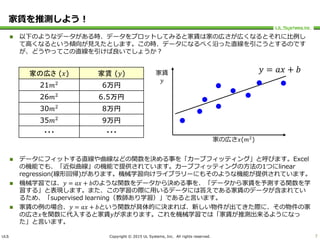 ULS Copyright © 2015 UL Systems, Inc. All rights reserved.
家賃を推測しよう！
 以下のようなデータがある時、データをプロットしてみると家賃は家の広さが広くなるとそれに比例し
て高くなるという傾向が見えたとします。この時、データになるべく沿った直線を引こうとするのです
が、どうやってこの直線を引けば良いでしょうか？
 データにフィットする直線や曲線などの関数を決める事を「カーブフィッティング」と呼びます。Excel
の機能でも、「近似曲線」の機能で提供されています。カーブフィッティングの方法の1つにlinear
regression(線形回帰)があります。機械学習向けライブラリーにもそのような機能が提供されています。
 機械学習では、𝑦 = 𝑎𝑥 + 𝑏のような関数をデータから決める事を、「データから家賃を予測する関数を学
習する」と表現します。また、この学習の際に用いるデータには答えである家賃のデータが含まれてい
るため、「supervised learning（教師あり学習）」であると言います。
 家賃の例の場合、𝑦 = 𝑎𝑥 + 𝑏という関数が具体的に決まれば、新しい物件が出てきた際に、その物件の家
の広さ𝑥を関数に代入すると家賃𝑦が求まります。これを機械学習では「家賃が推測出来るようになっ
た」と言います。
7
家の広さ (𝑥) 家賃 (𝑦)
21𝑚2
6万円
26𝑚2
6.5万円
30𝑚2
8万円
35𝑚2
9万円
・・・ ・・・
家賃
𝑦
家の広さ𝑥(𝑚2
)
𝑦 = 𝑎𝑥 + 𝑏
 